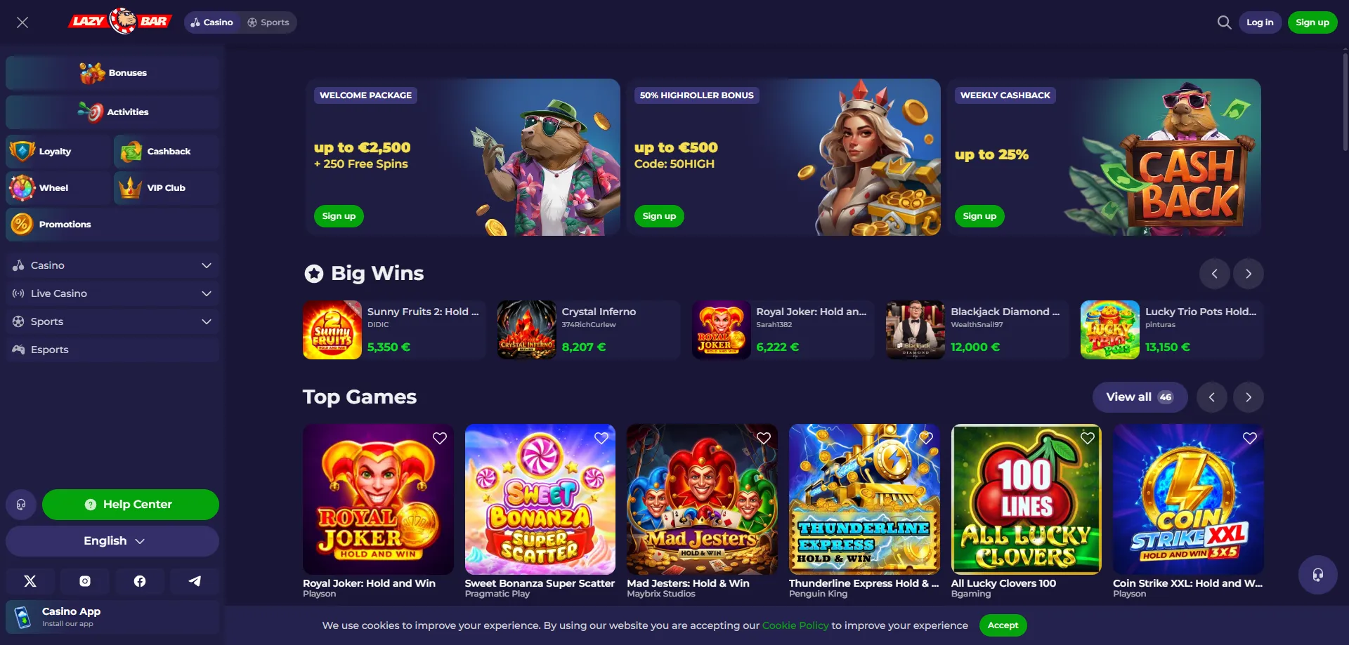 Lazybar Casino panoramica piattaforma — giochi slot e live casino Italia 2026